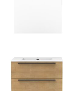 Ensemble de meuble de salle de bain Carlo - Avec miroir - Avec évier - Aspect bois et poignées noires